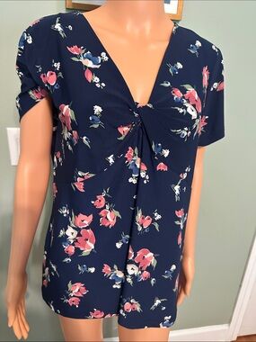 Chaps Navy Floral Twist-Detail V-Neck Blouse